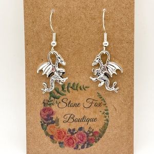 .925 Sterling Silver Hook Wire Earrings with Winged Dragon Novelty Charms.